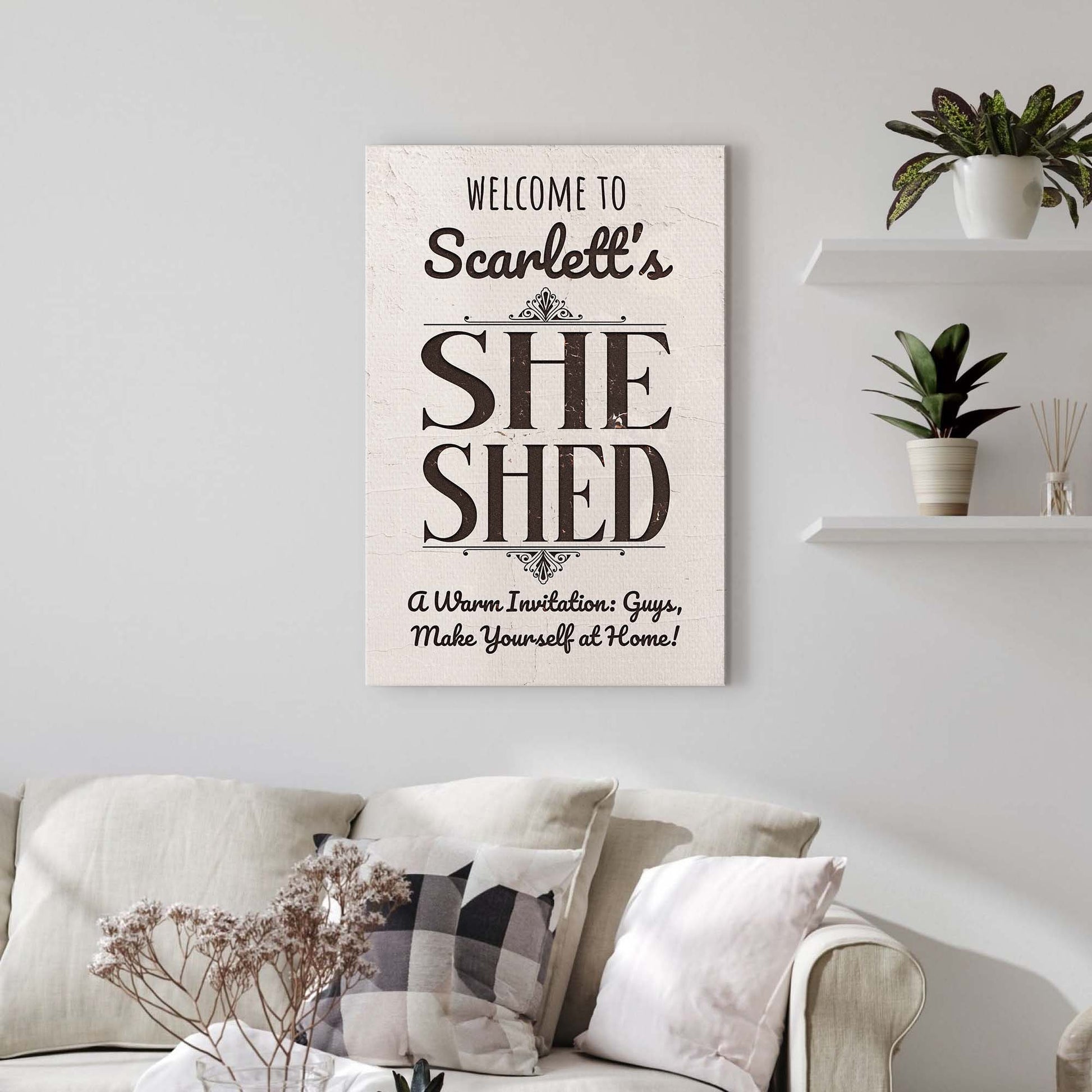 She Shed Sign canvas by Tailored Canvases with cream textured surface and black script text on Tampa Home & Garden Store