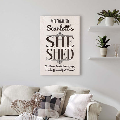 She Shed Sign canvas by Tailored Canvases with cream textured surface and black script text on Tampa Home & Garden Store
