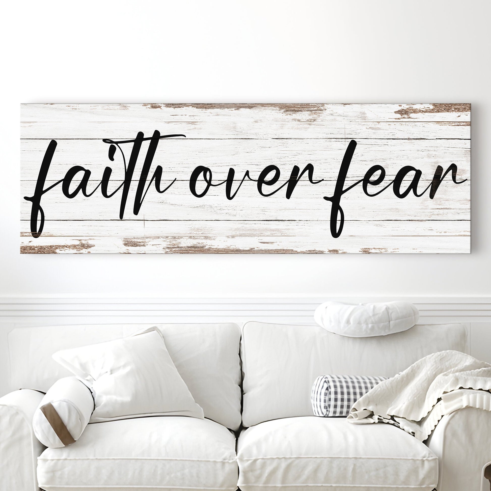 Faith Over Fear canvas sign III by Tailored Canvases, white distressed wood look on Tampa Home & Garden Store