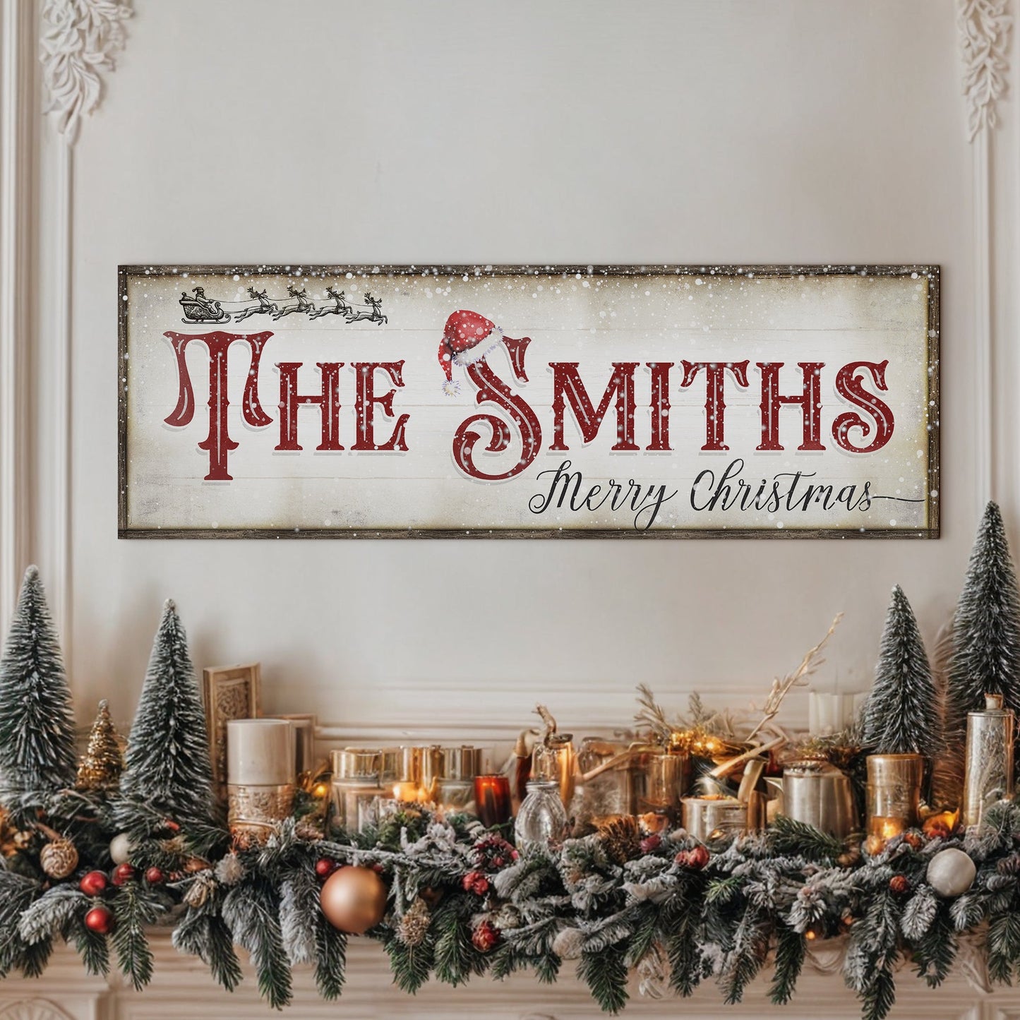 Christmas Family Name Sign IV canvas with red serif THE SMITHS and Santa hat festive decor on Tampa Home & Garden Store