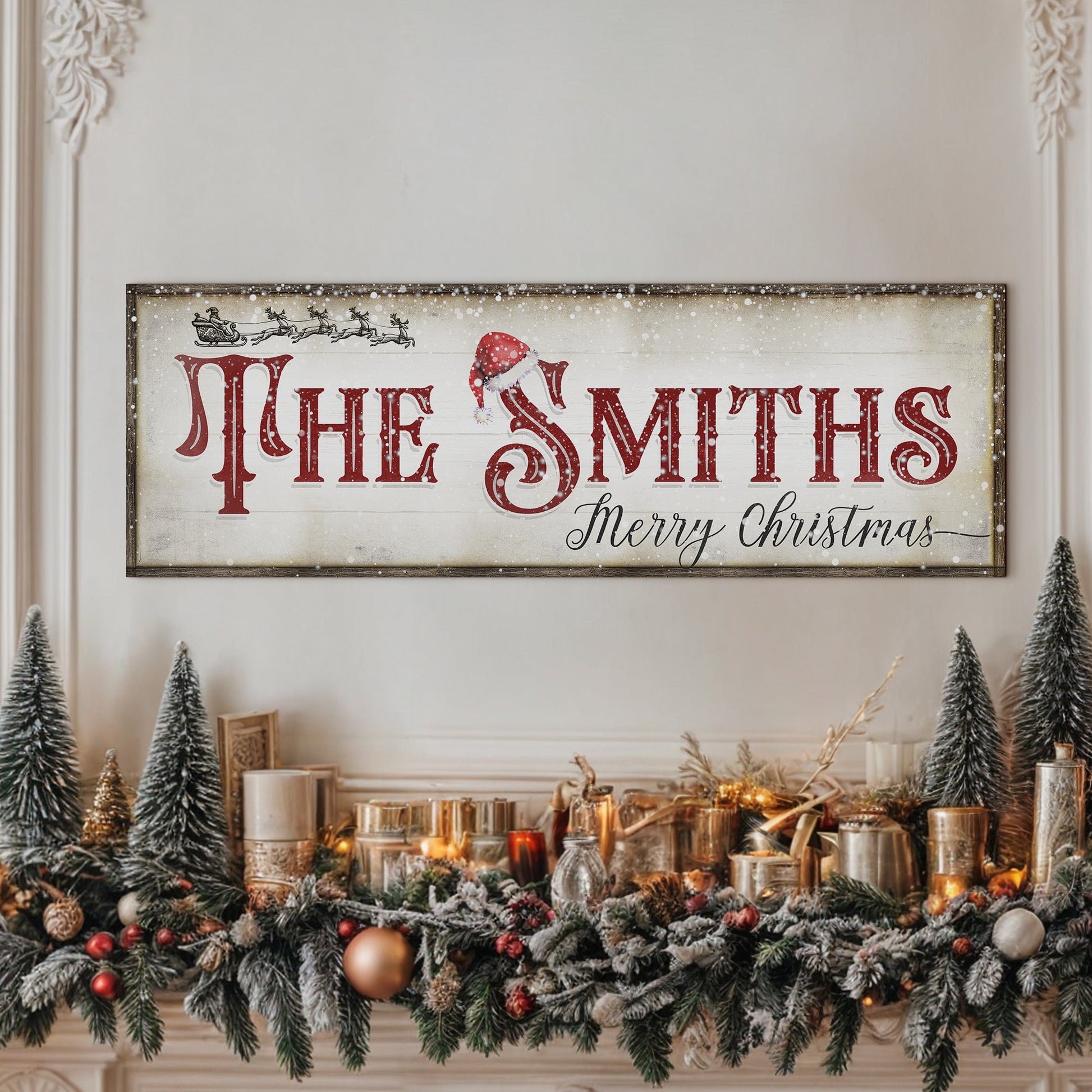 Christmas Family Name Sign IV canvas with red serif THE SMITHS and Santa hat festive decor on Tampa Home & Garden Store