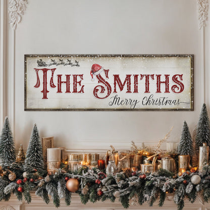 Christmas Family Name Sign IV canvas with red serif THE SMITHS and Santa hat festive decor on Tampa Home & Garden Store