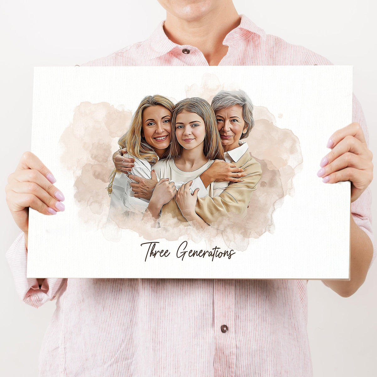 Canvas Mother's Day Watercolor Family Portrait Sign Tailored Canvases, three-generation hug on Tampa Home & Garden Store
