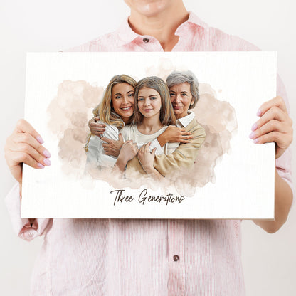Canvas Mother's Day Watercolor Family Portrait Sign Tailored Canvases, three-generation hug on Tampa Home & Garden Store