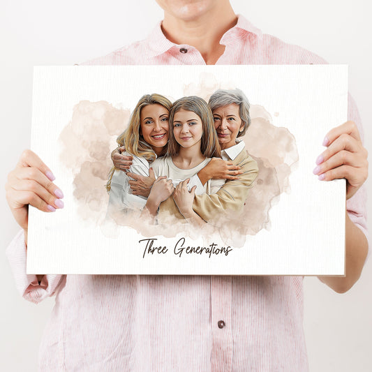 Canvas Mother's Day Watercolor Family Portrait Sign Tailored Canvases, three-generation hug on Tampa Home & Garden Store