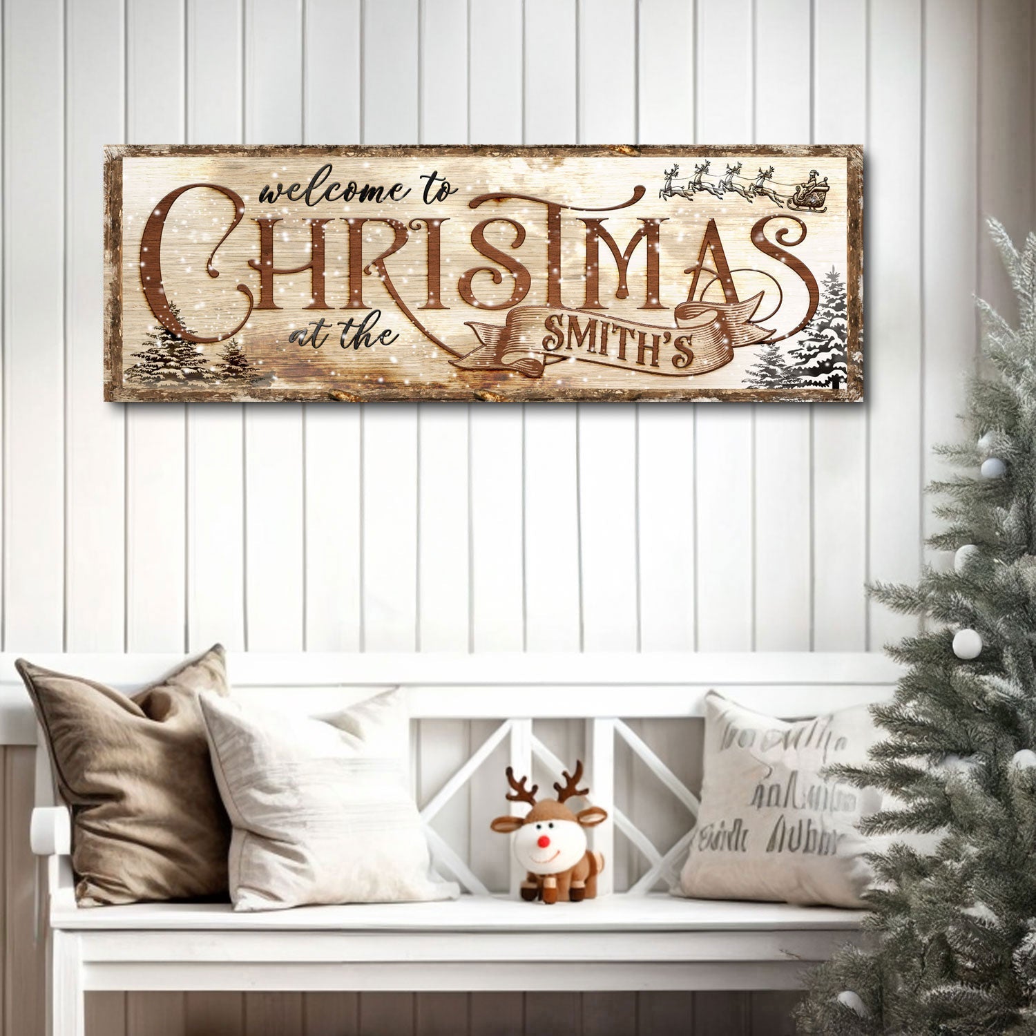 Family Welcome To Christmas Canvas sign in rustic wood Tailored Canvases on Tampa Home & Garden Store