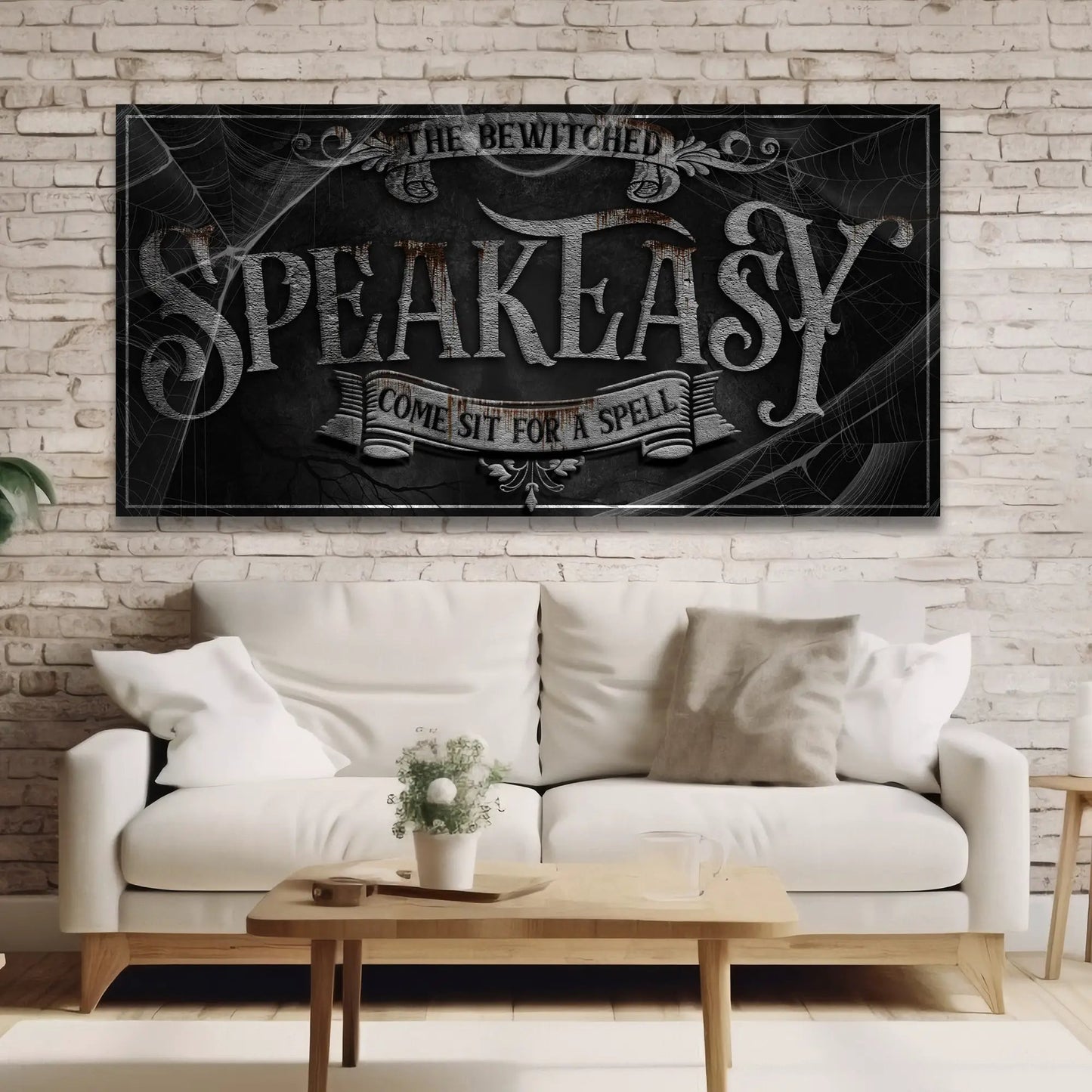 Wicked Witches' Graveyard Bar Halloween Sign III canvas wall art with gothic font cobweb accents on Tampa Home & Garden Store