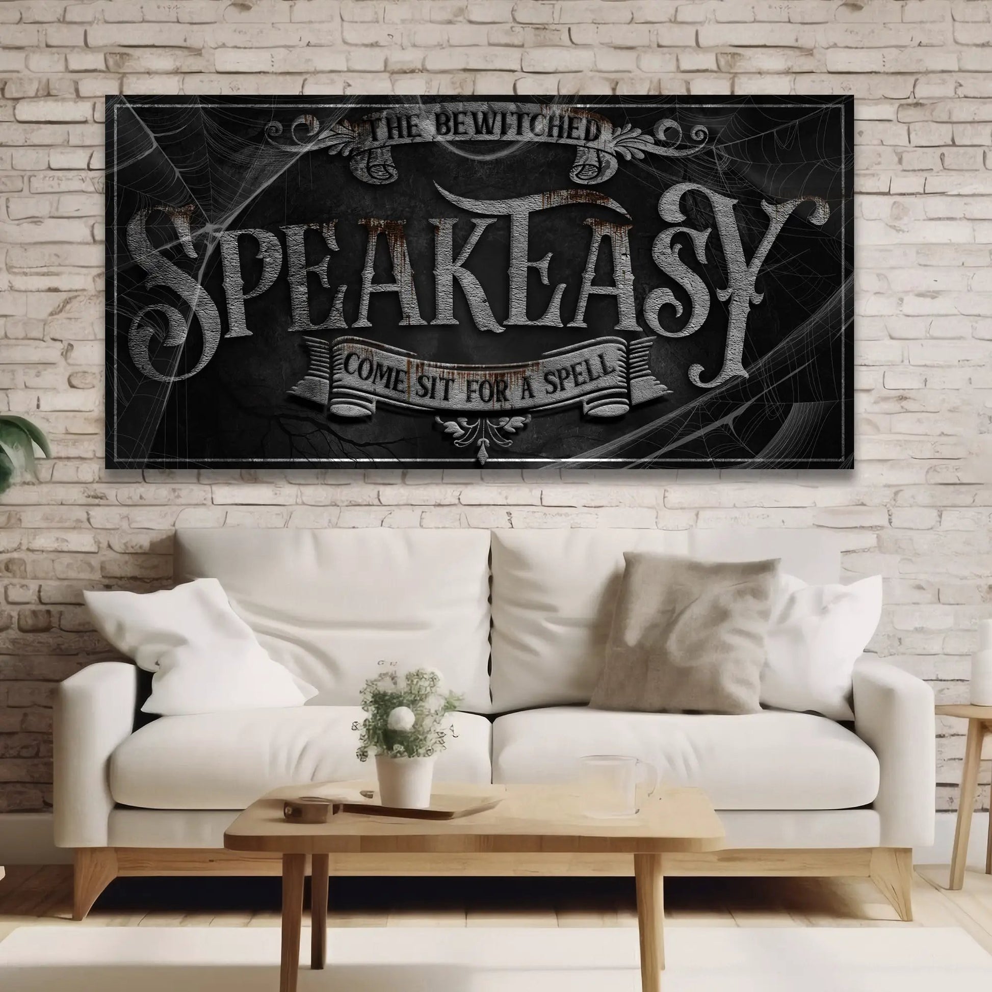 Wicked Witches' Graveyard Bar Halloween Sign III canvas wall art with gothic font cobweb accents on Tampa Home & Garden Store