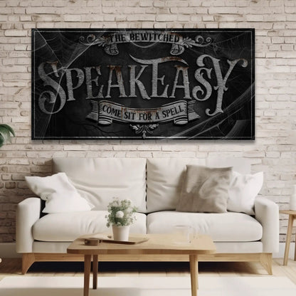 Wicked Witches' Graveyard Bar Halloween Sign III canvas wall art with gothic font cobweb accents on Tampa Home & Garden Store