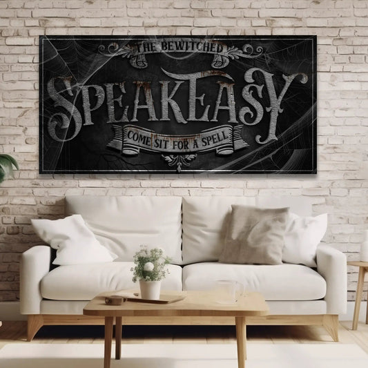 Wicked Witches' Graveyard Bar Halloween Sign III canvas wall art with gothic font cobweb accents on Tampa Home & Garden Store