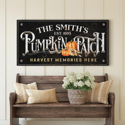 Harvest Memories Here Pumpkin Patch sign canvas decor with orange pumpkins on black backdrop on Tampa Home & Garden Store
