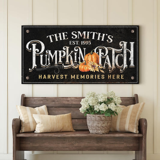 Harvest Memories Here Pumpkin Patch sign canvas decor with orange pumpkins on black backdrop on Tampa Home & Garden Store