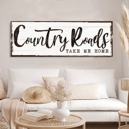 Country Roads Take Me Home Sign III canvas crafting sign by Tailored Canvases; white with frame on Tampa Home & Garden Store