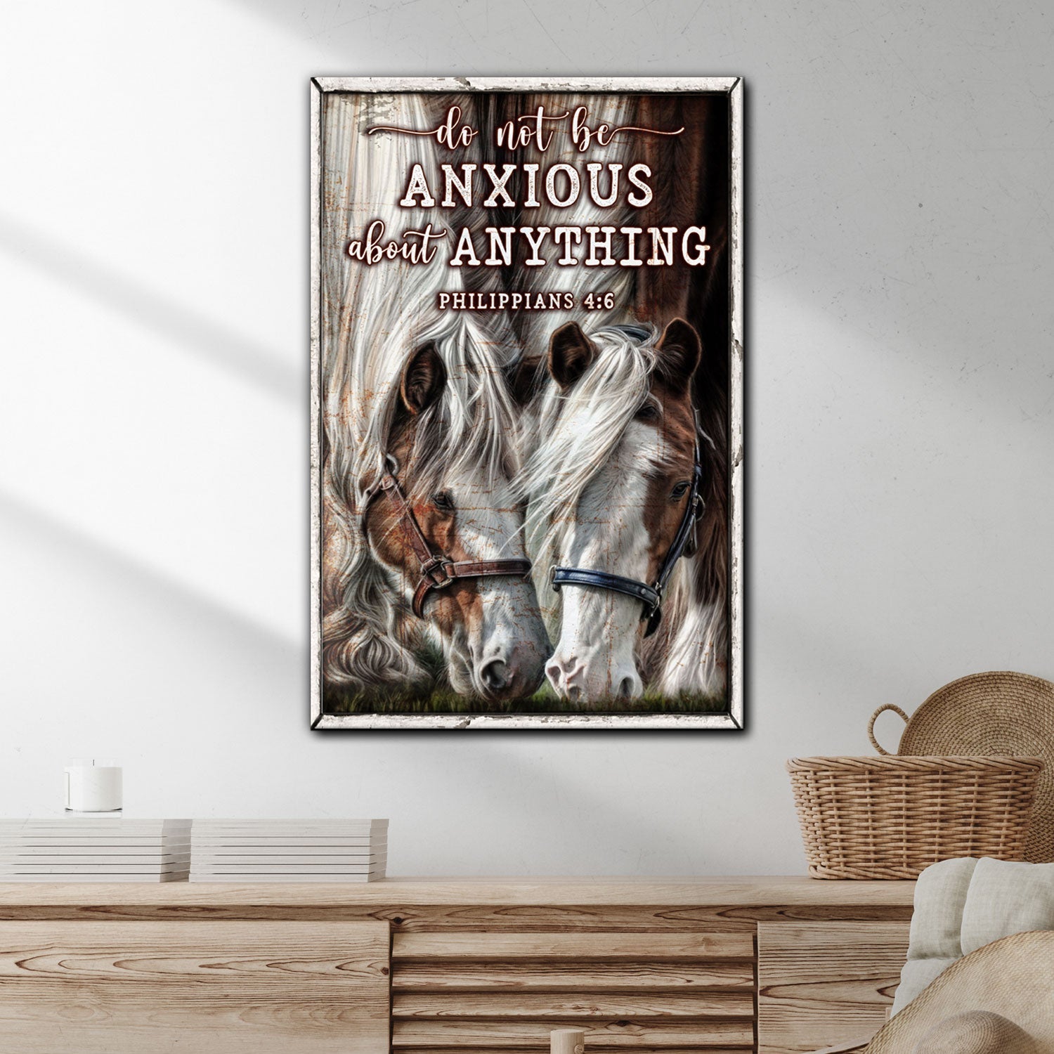 Do Not Be Anxious About Anything Faith Sign IV canvas with two horses Tailored Canvases on Tampa Home & Garden Store