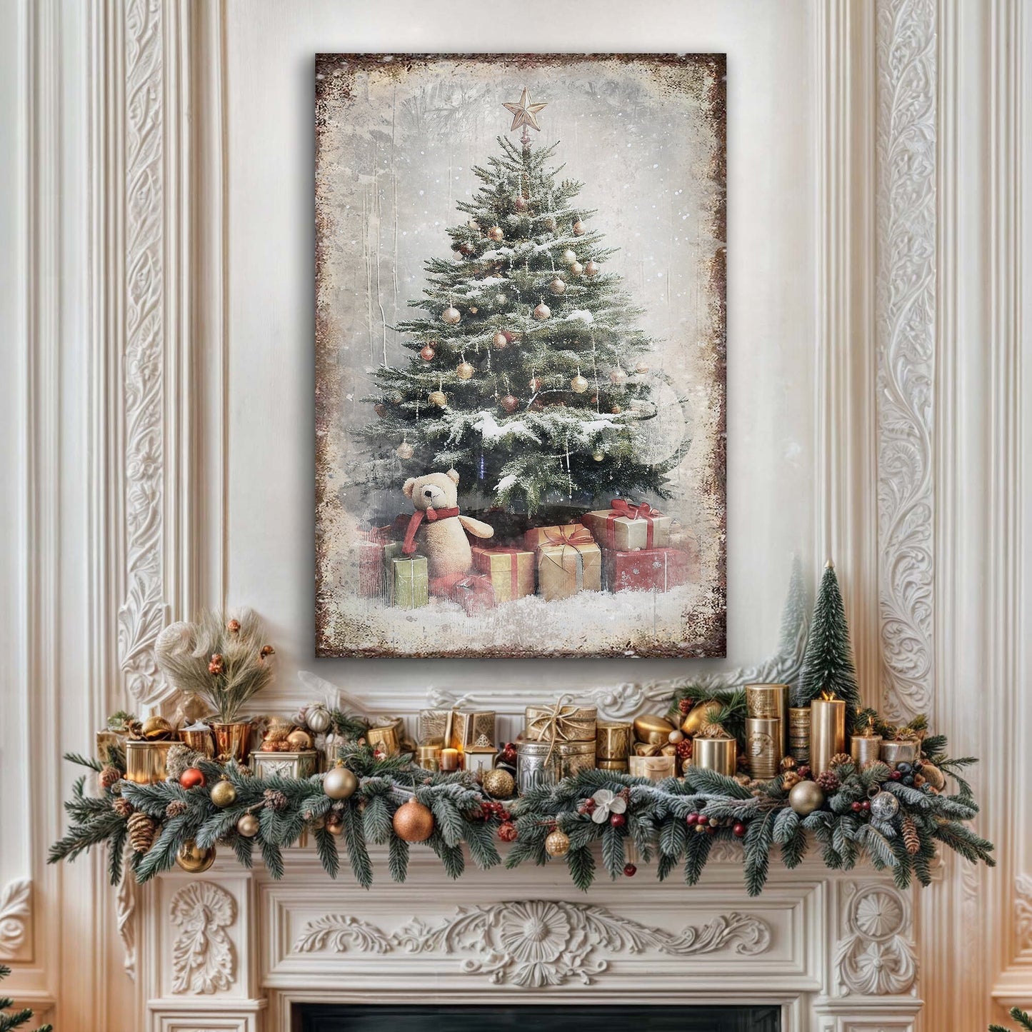 Vintage Christmas Tree With Gifts Wall Art II canvas snow-dusted tree with ornaments and gifts on Tampa Home & Garden Store