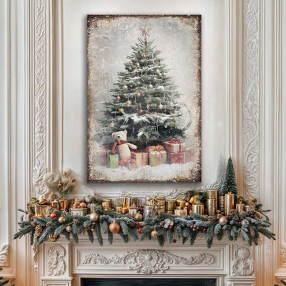Vintage Christmas Tree With Gifts Wall Art II canvas snow-dusted tree with ornaments and gifts on Tampa Home & Garden Store