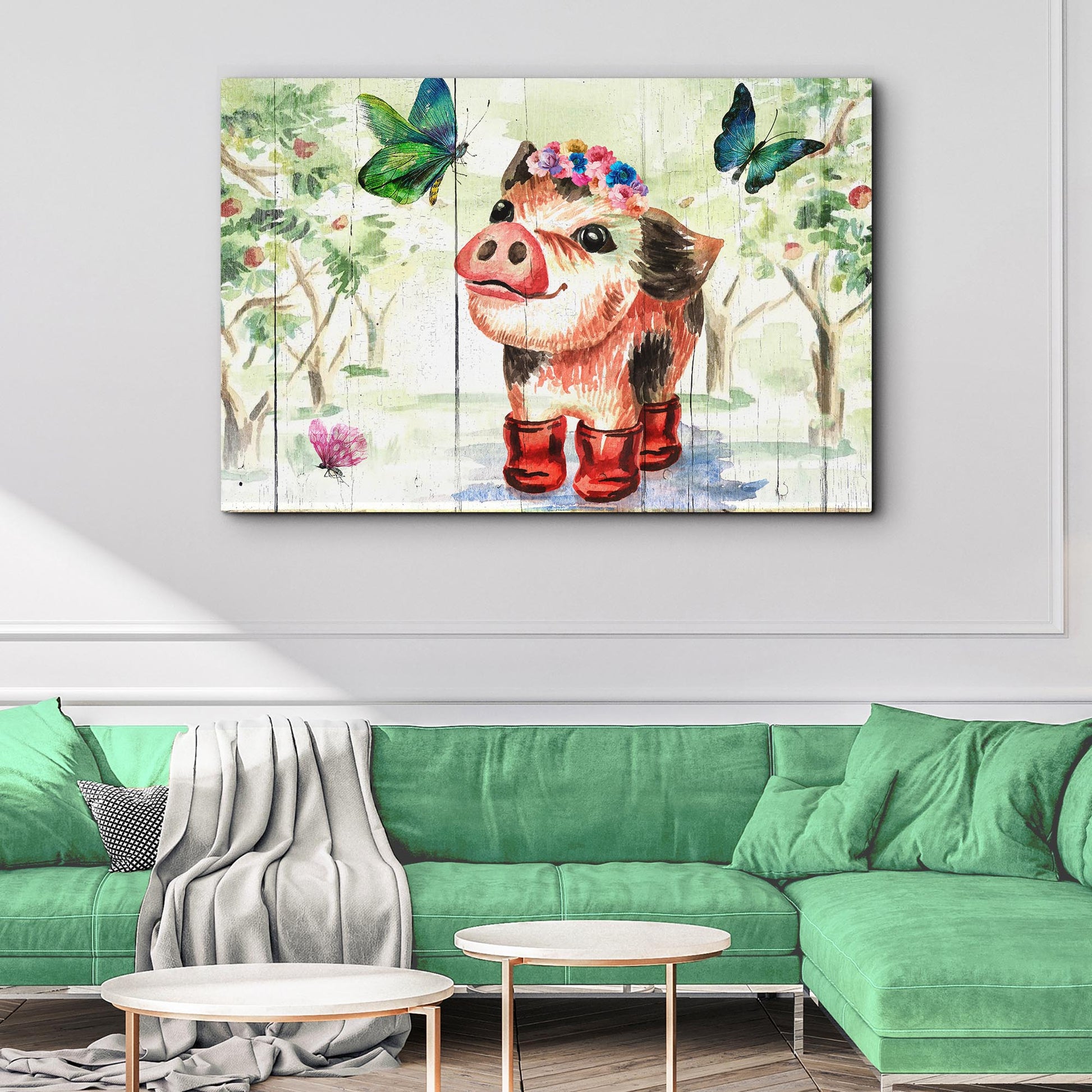 Cute Little Pig Canvas Wall Art showing a pig with a flower crown and red boots on Tampa Home & Garden Store