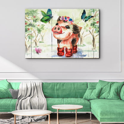 Cute Little Pig Canvas Wall Art showing a pig with a flower crown and red boots on Tampa Home & Garden Store