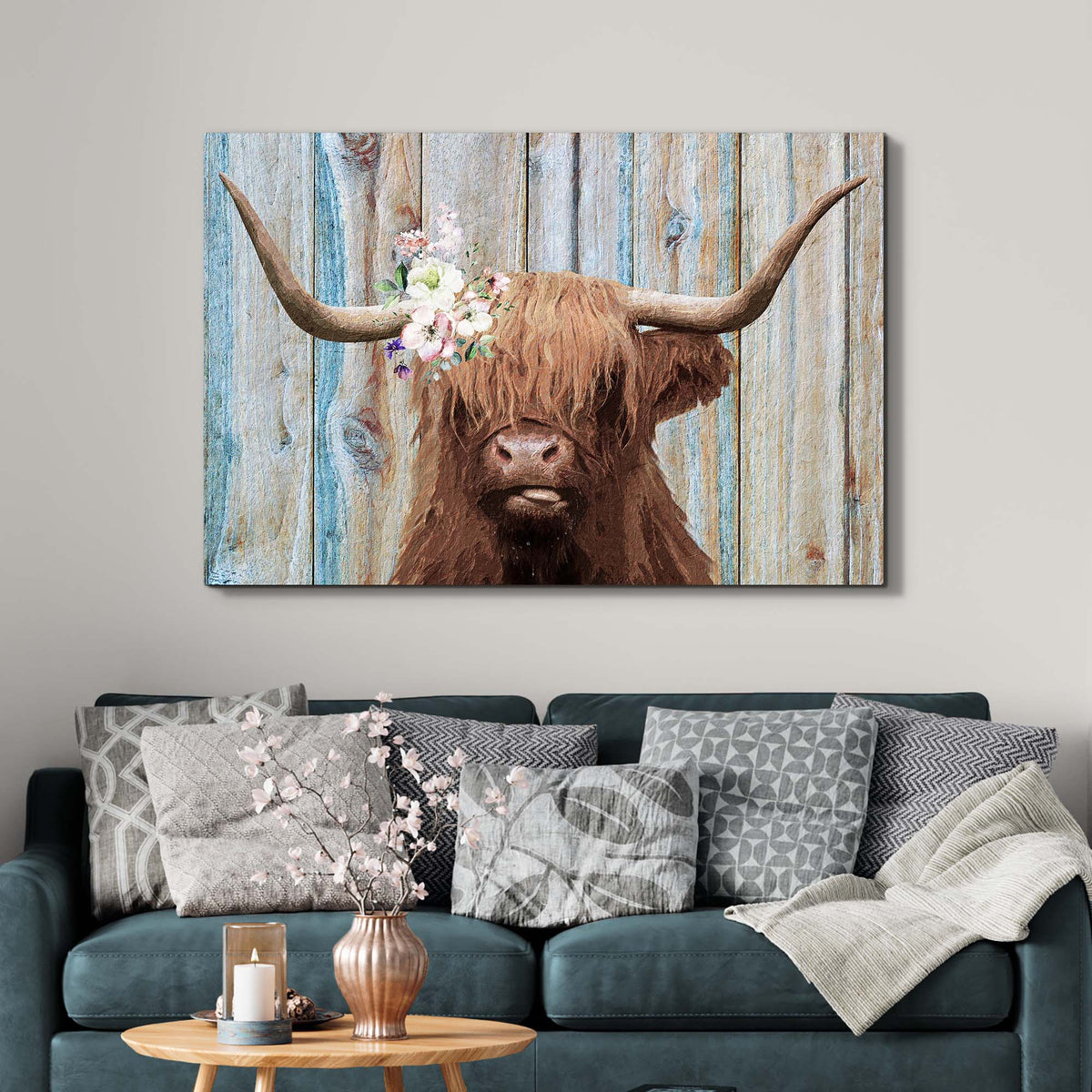 Highland Cow wall art with floral horn on weathered wood backdrop by Tailored Canvases on Tampa Home & Garden Store