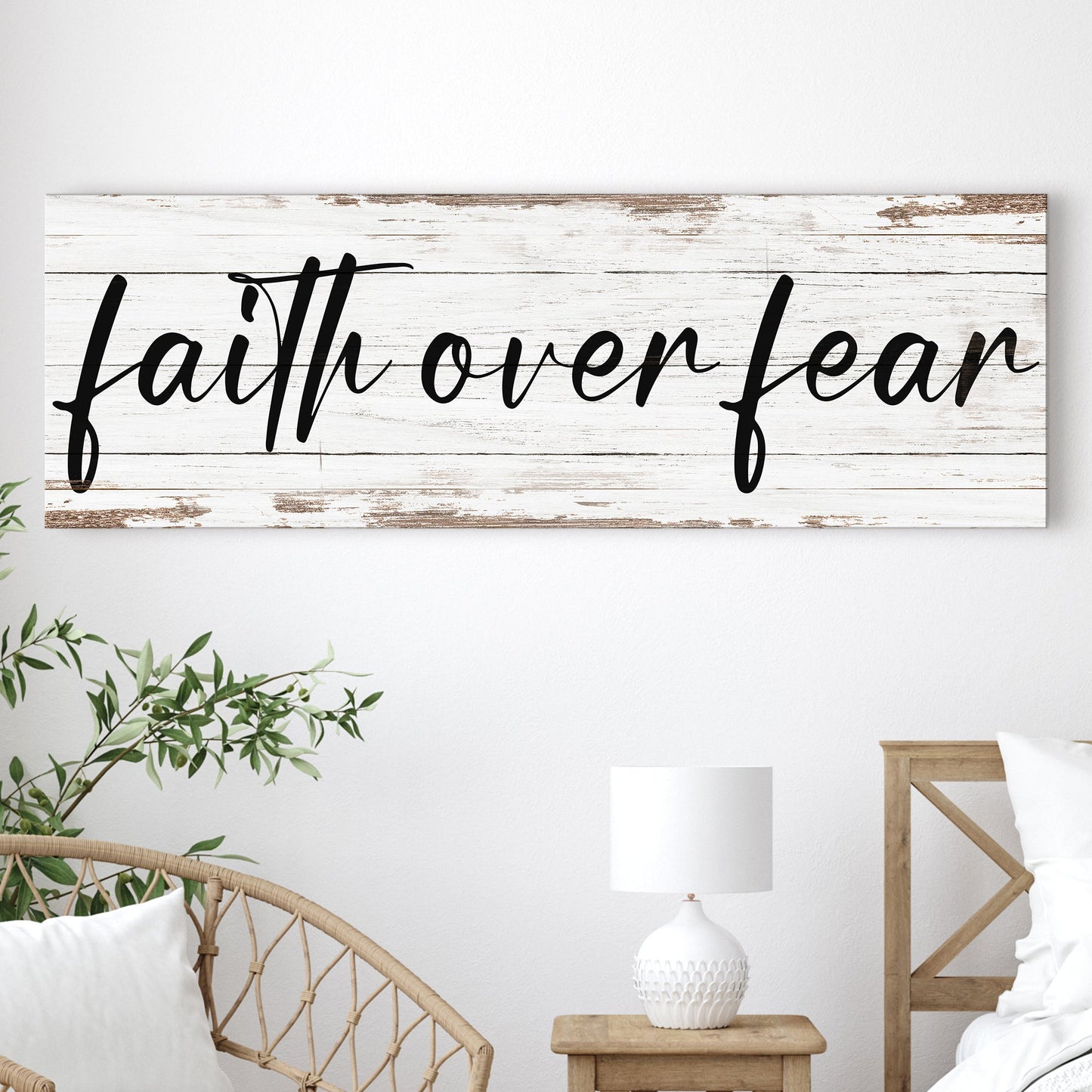 Faith Over Fear III canvas sign with black script on whitewashed wood by Tailored Canvases on Tampa Home & Garden Store