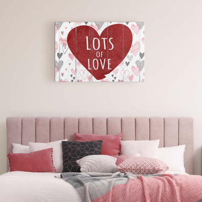 Canvas sign Valentine Lots Of Love with red heart on distressed white wood on Tampa Home & Garden Store