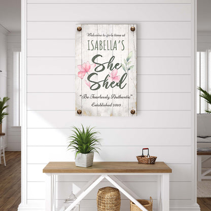 She Shed Sign IV canvas by Tailored Canvases on whitewashed wood panel with pink flowers on Tampa Home & Garden Store