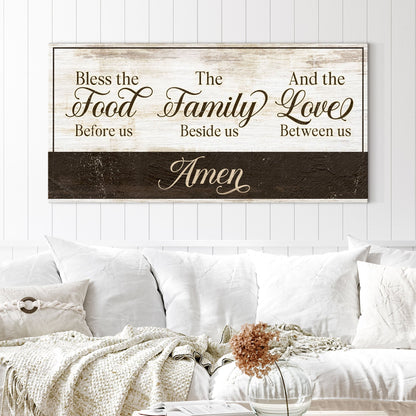 Canvas sign rustic wood finish with Bless The Food and The Love Between Us by Tailored Canvases on Tampa Home & Garden Store
