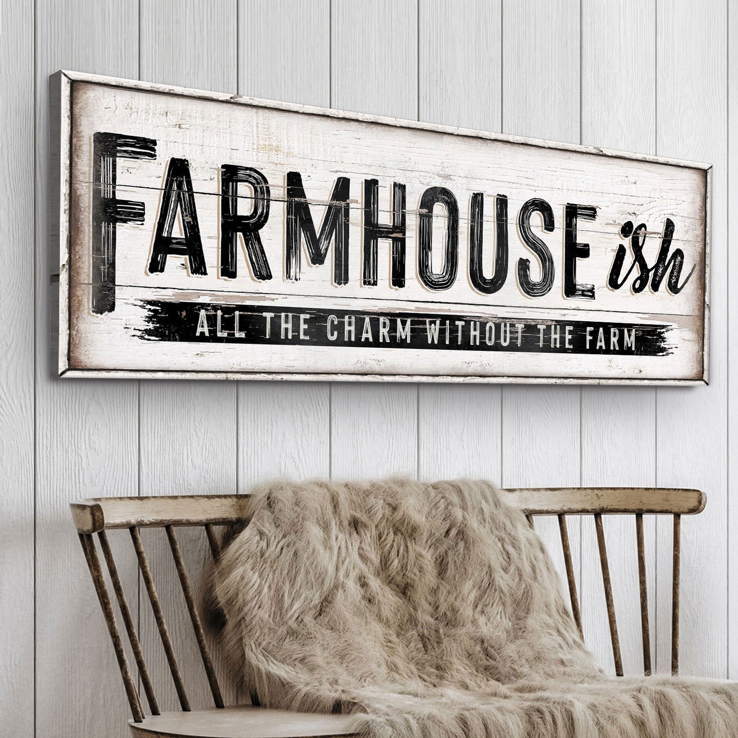 Canvas Farmhouse-Ish Sign VI by Tailored Canvases, rustic white wood with bold black lettering on Tampa Home & Garden Store