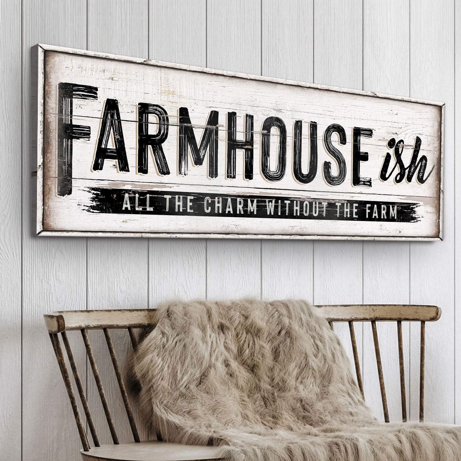 Canvas Farmhouse-Ish Sign VI by Tailored Canvases, rustic white wood with bold black lettering on Tampa Home & Garden Store