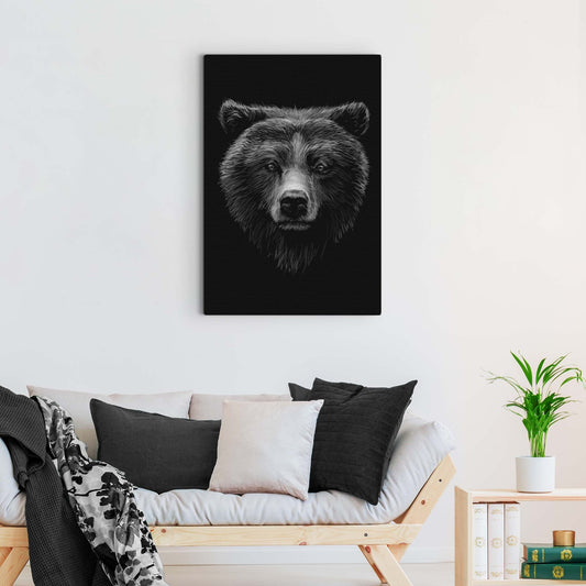 Bear canvas wall art by Tailored Canvases, monochrome forest bear illustration on black canvas on Tampa Home & Garden Store