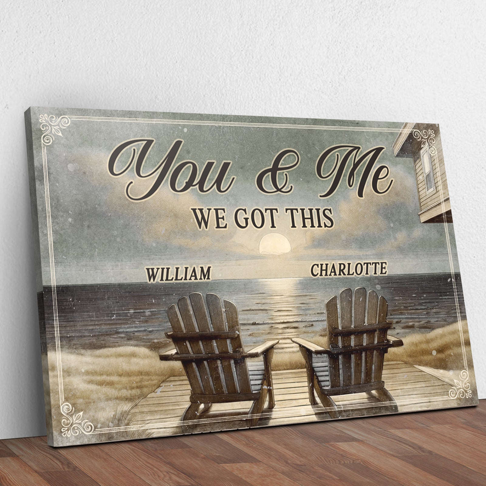 Canvas sign You & Me We Got This by Tailored Canvases, with two Adirondack chairs on Tampa Home & Garden Store