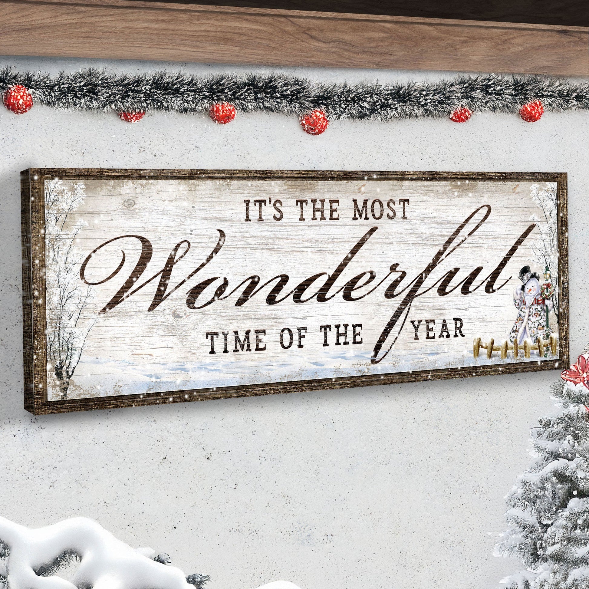It's The Most Wonderful Time Of The Year Christmas Canvas Sign with rustic wood frame on Tampa Home & Garden Store