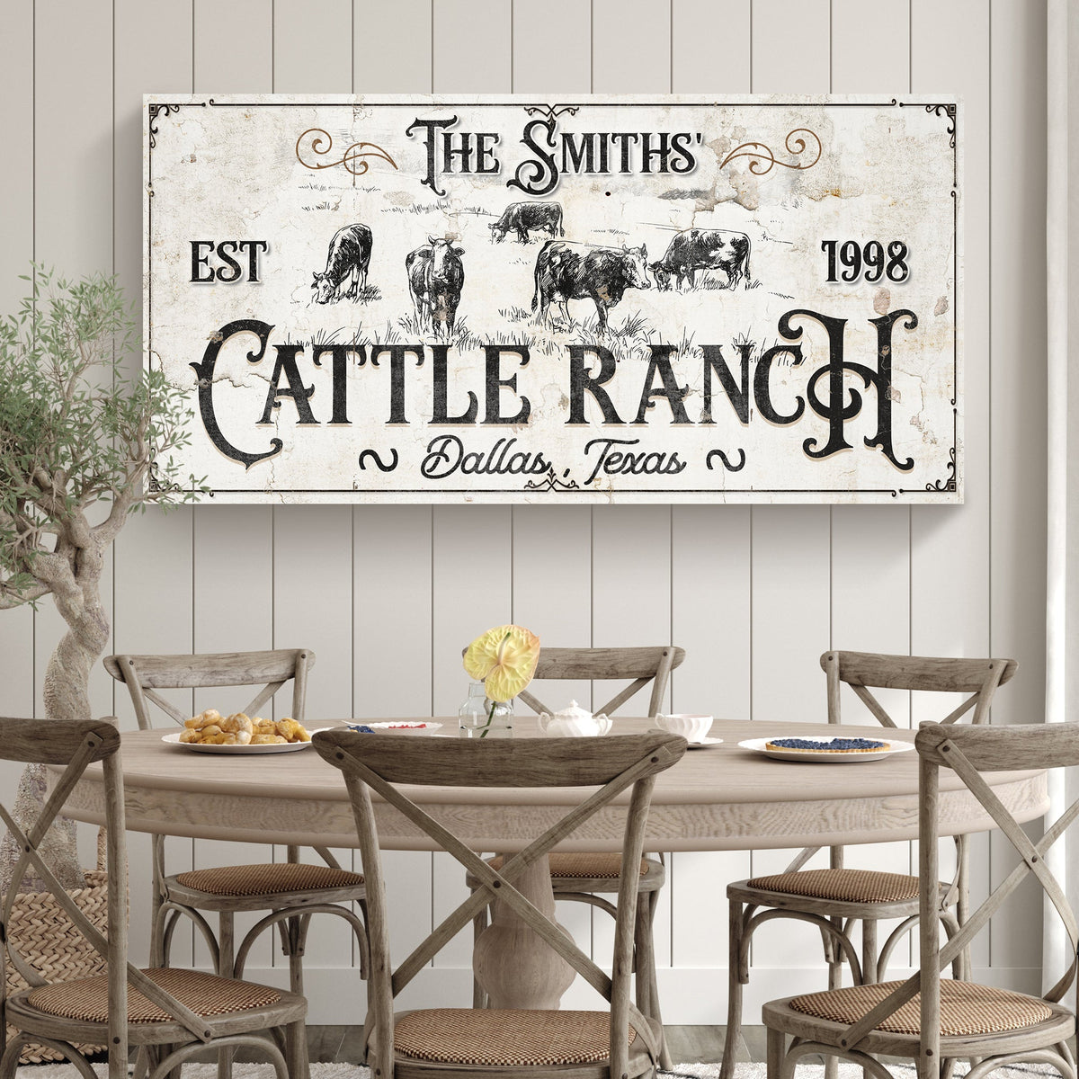 Branded Cattle Ranch Sign III canvas with vintage beige background and cow silhouettes Est 1998 on Tampa Home & Garden Store