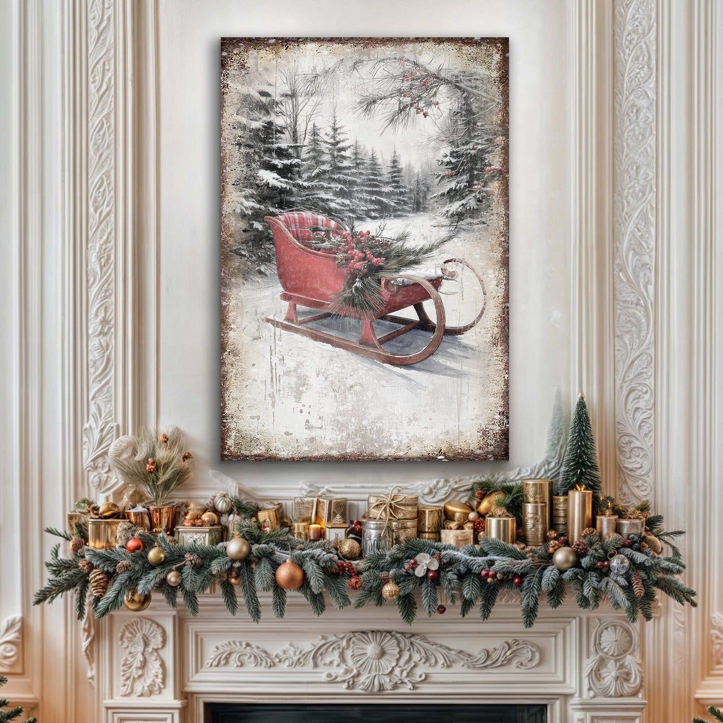 Vintage Christmas Sledge Wall Art canvas featuring a red sled amid snowy pine forest on Tampa Home & Garden Store