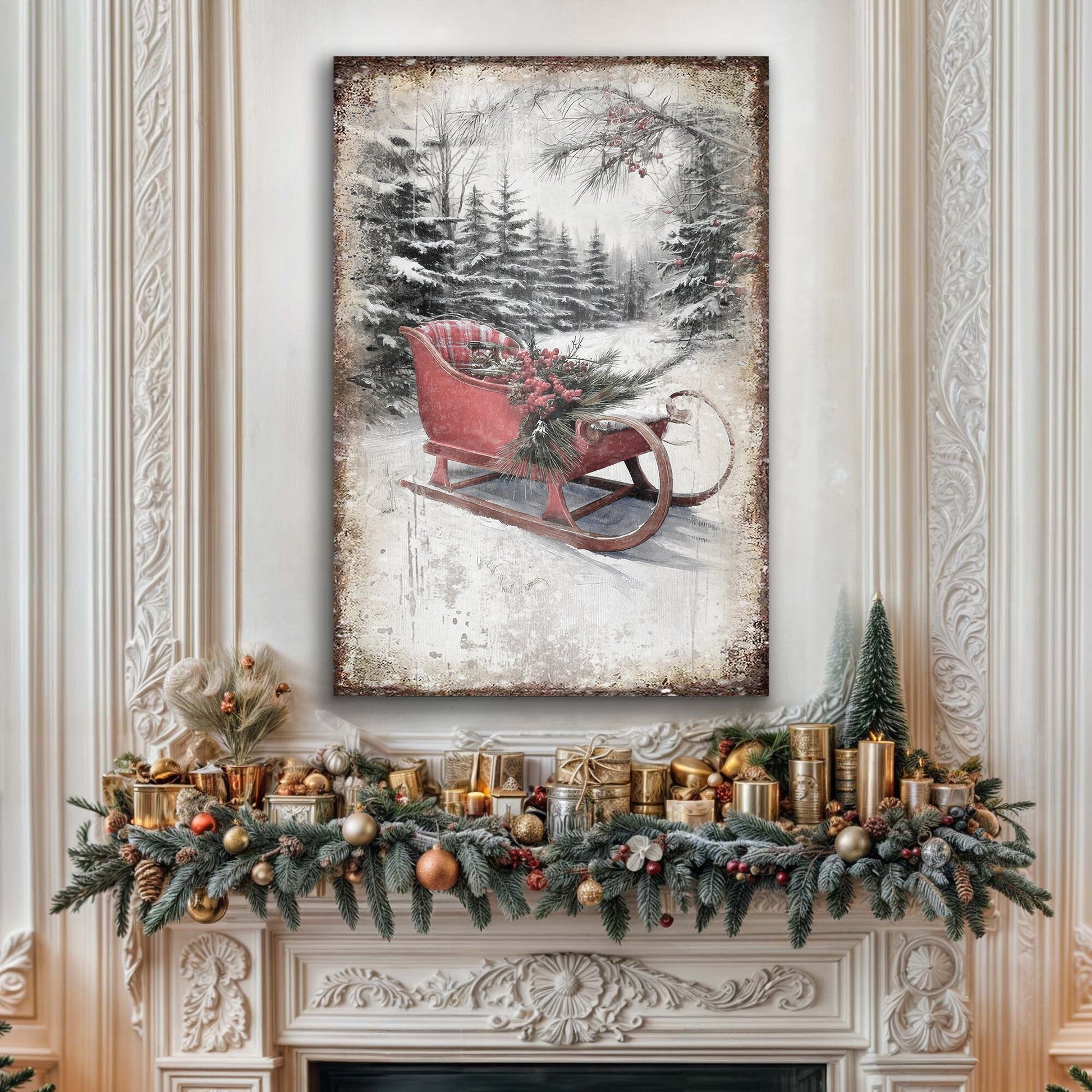 Vintage Christmas Sledge Wall Art canvas featuring a red sled amid snowy pine forest on Tampa Home & Garden Store