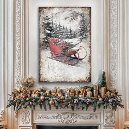 Vintage Christmas Sledge Wall Art canvas featuring a red sled amid snowy pine forest on Tampa Home & Garden Store