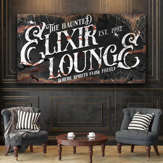 The Haunted Elixir Lounge III canvas by Tailored Canvases black background white typography on Tampa Home & Garden Store