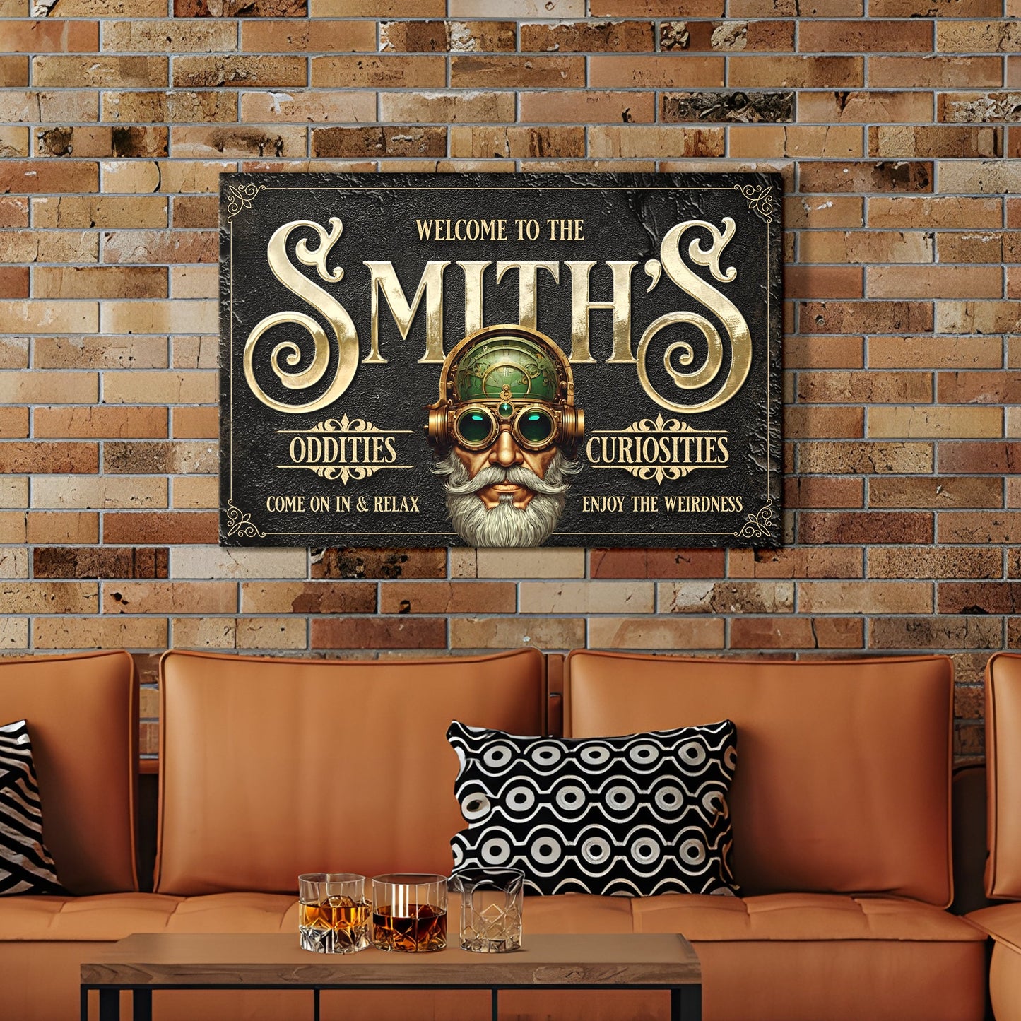 Canvas sign Personalized Family Steampunk Sign with gold lettering and goggles on wall on Tampa Home & Garden Store