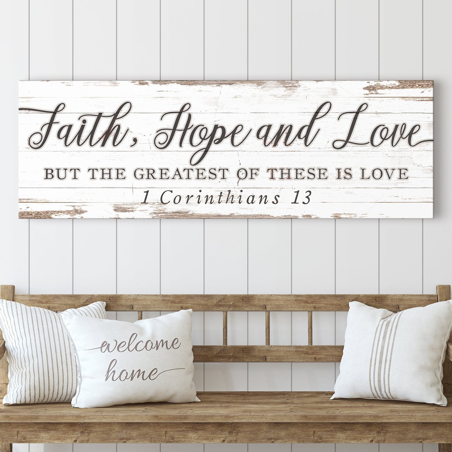 Faith Hope And Love canvas sign III on distressed whitewashed wood background Tailored Canvases on Tampa Home & Garden Store