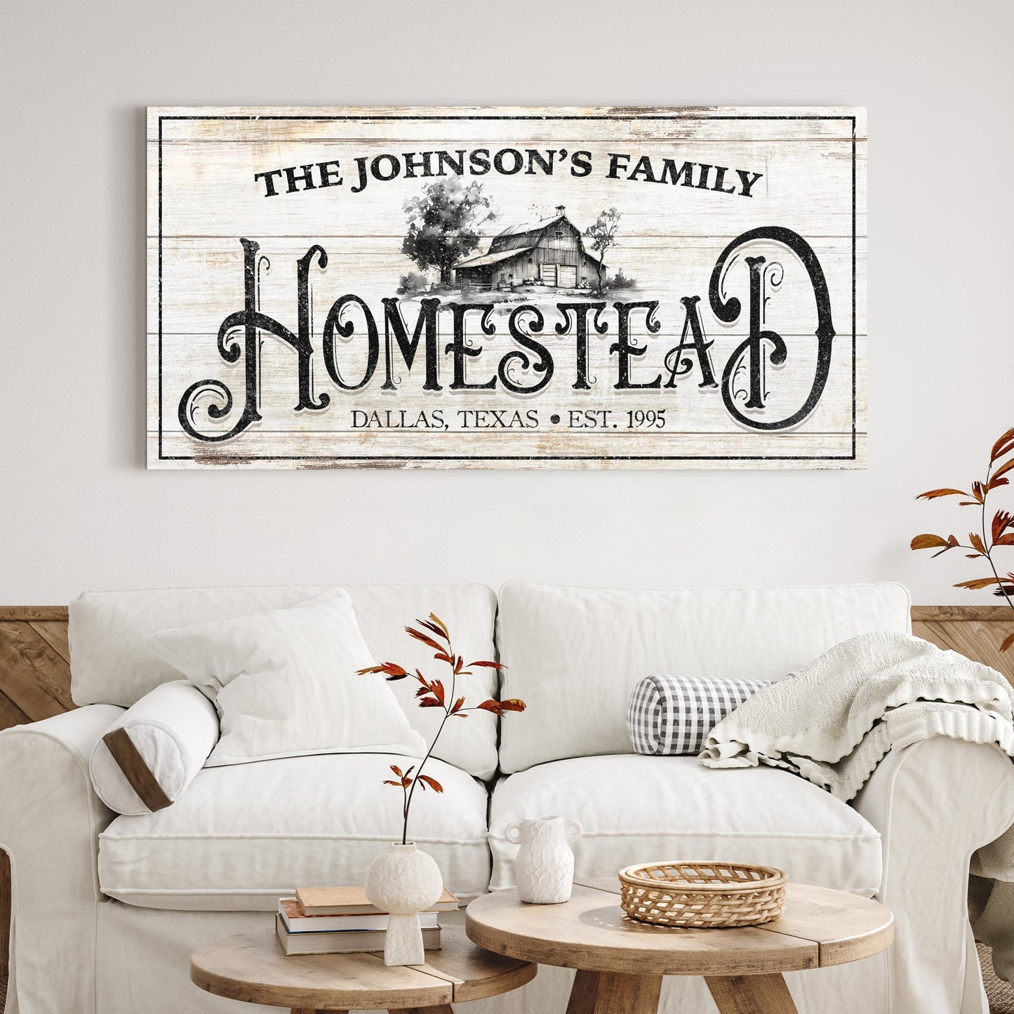 Vintage Farmhouse Homestead Sign canvas with rustic whitewashed planks, barn illustration on Tampa Home & Garden Store