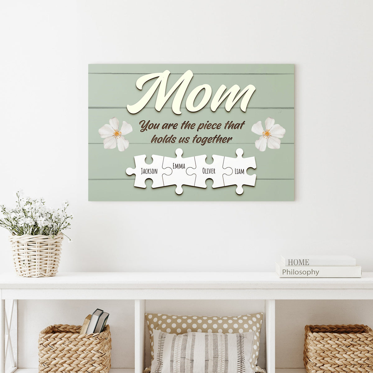 Mom canvas sign crafting canvas with puzzle pieces and flowers on Tampa Home & Garden Store
