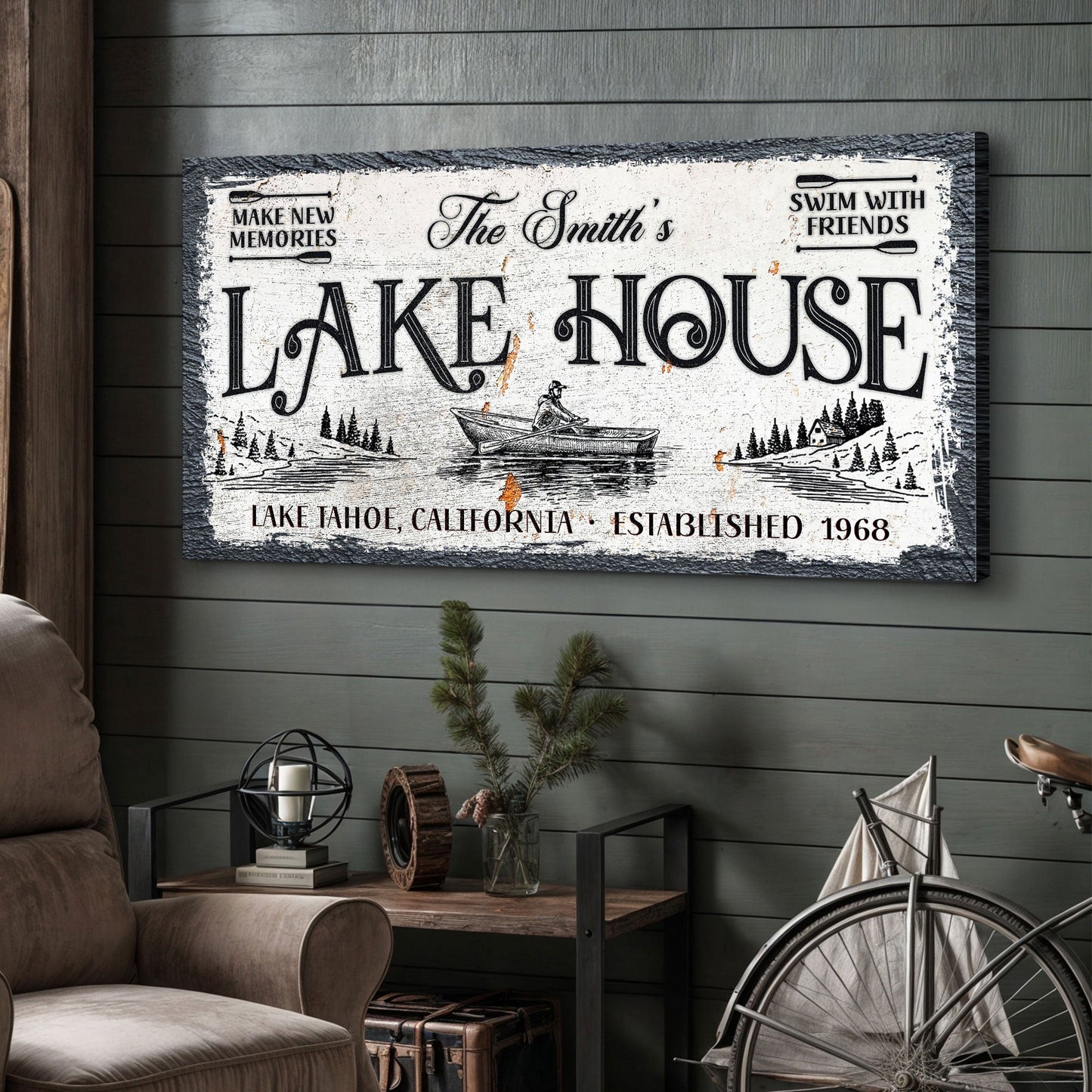 Lake House Sign IX canvas wall art by Tailored Canvases, distressed white with black lettering on Tampa Home & Garden Store