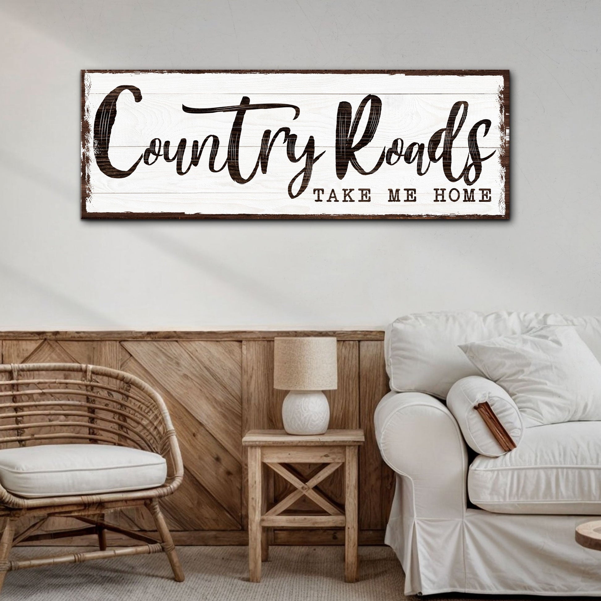 Country Roads Take Me Home sign canvas by Tailored Canvases; rustic frame, dark script on Tampa Home & Garden Store