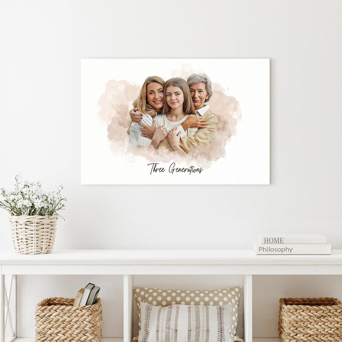 Mother's Day Watercolor Family Portrait Sign canvas Tailored Canvases with peach backdrop on Tampa Home & Garden Store