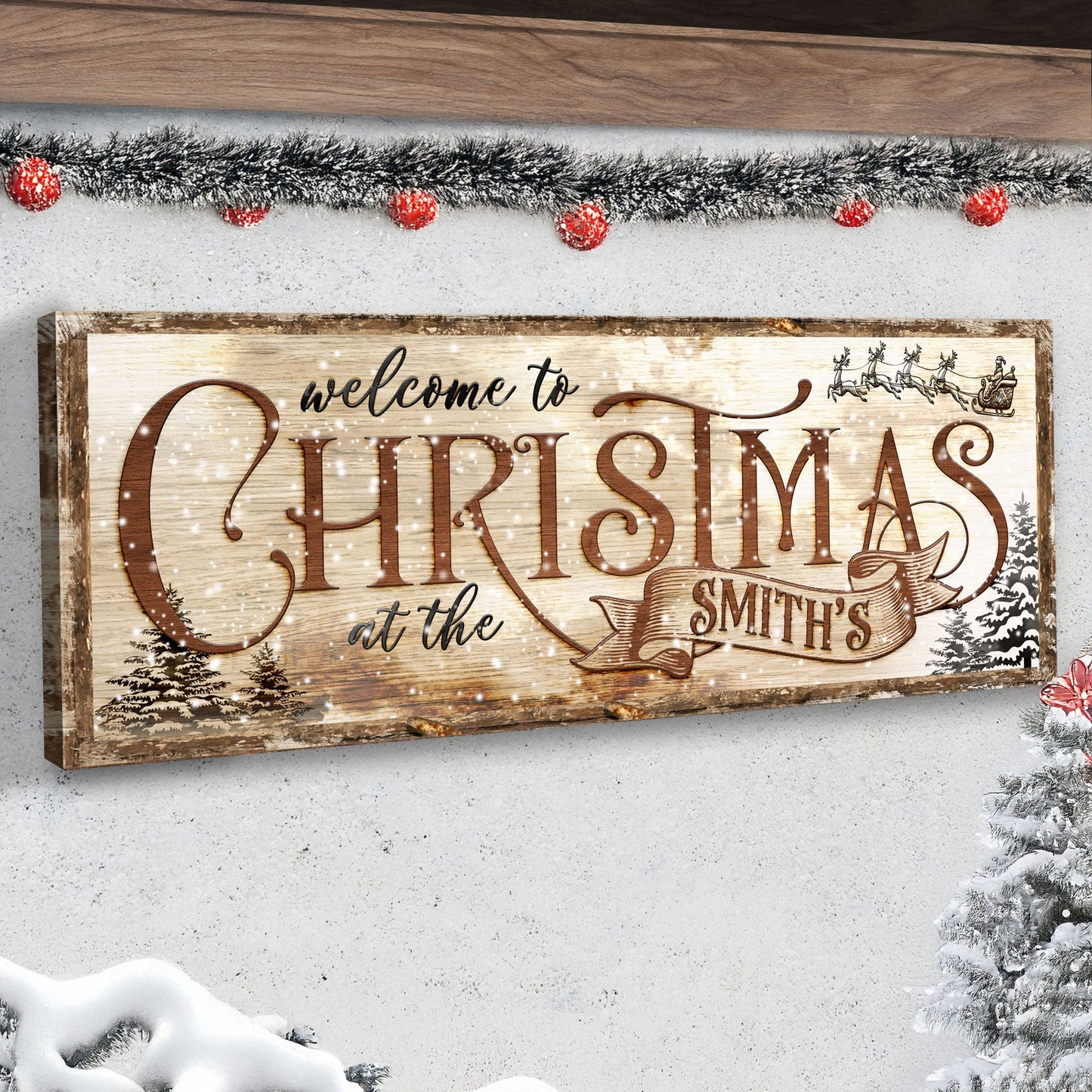 Family Welcome To Christmas Sign canvas with rustic wood frame and snow-dusted pine scene on Tampa Home & Garden Store