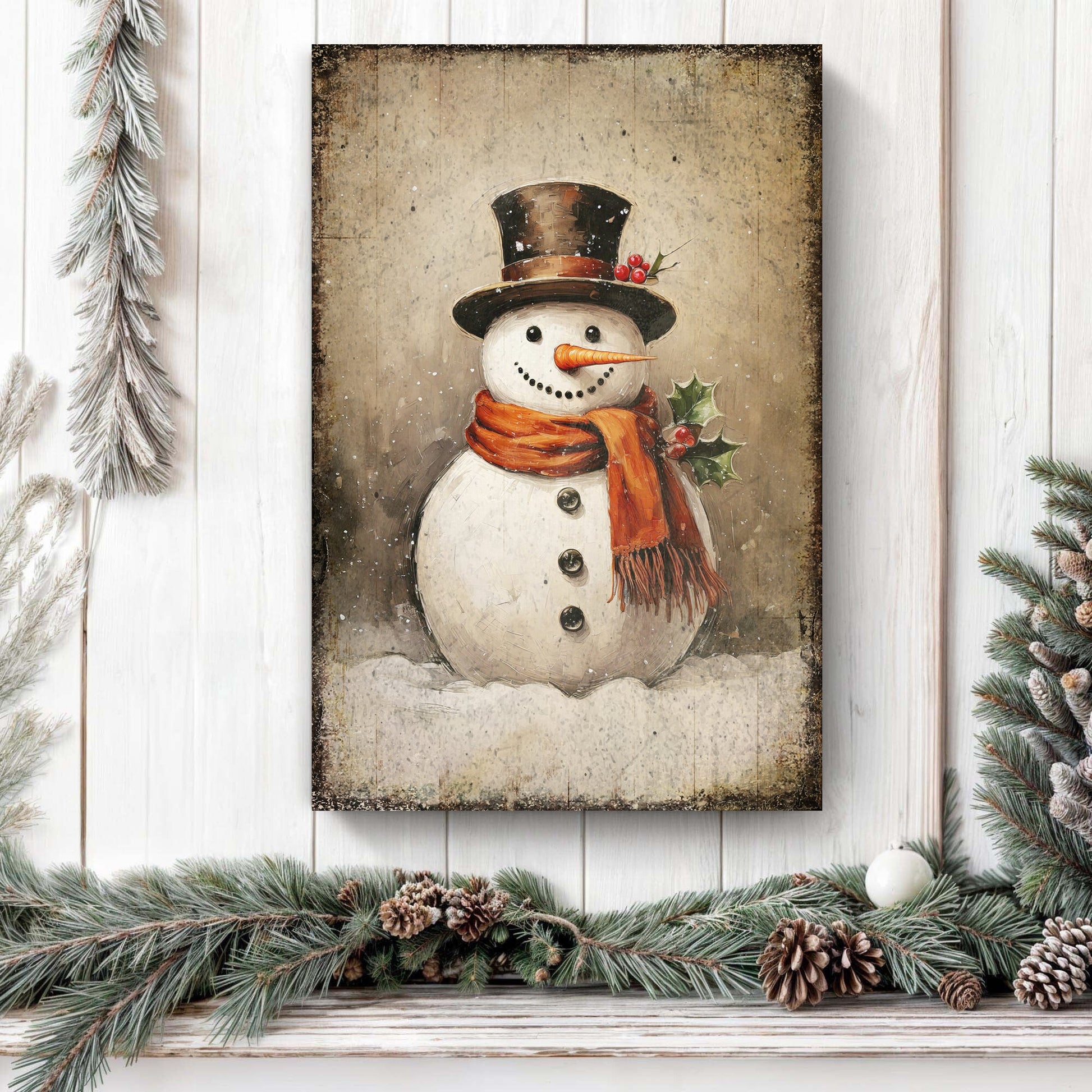 Vintage Snowman Christmas Wall Art IV canvas Tailored Canvases, backdrop with hat and scarf on Tampa Home & Garden Store