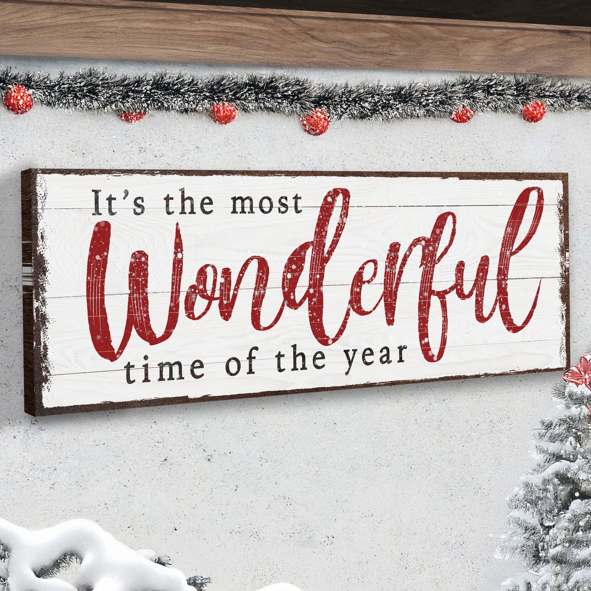 Canvas Christmas sign Tailored Canvases with black text and red cursive Wonderful on white wood on Tampa Home & Garden Store