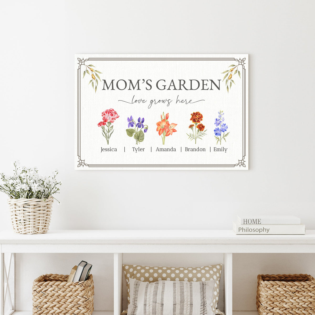Mom's Garden canvas sign for Mother's Day by Tailored Canvases with colorful flowers on Tampa Home & Garden Store