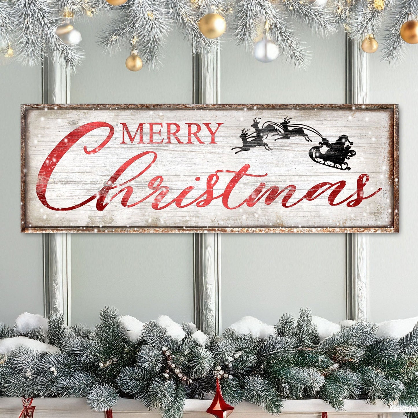 Vintage Merry Christmas Sign canvas by Tailored Canvases with rustic whitewash and sleigh motif on Tampa Home & Garden Store