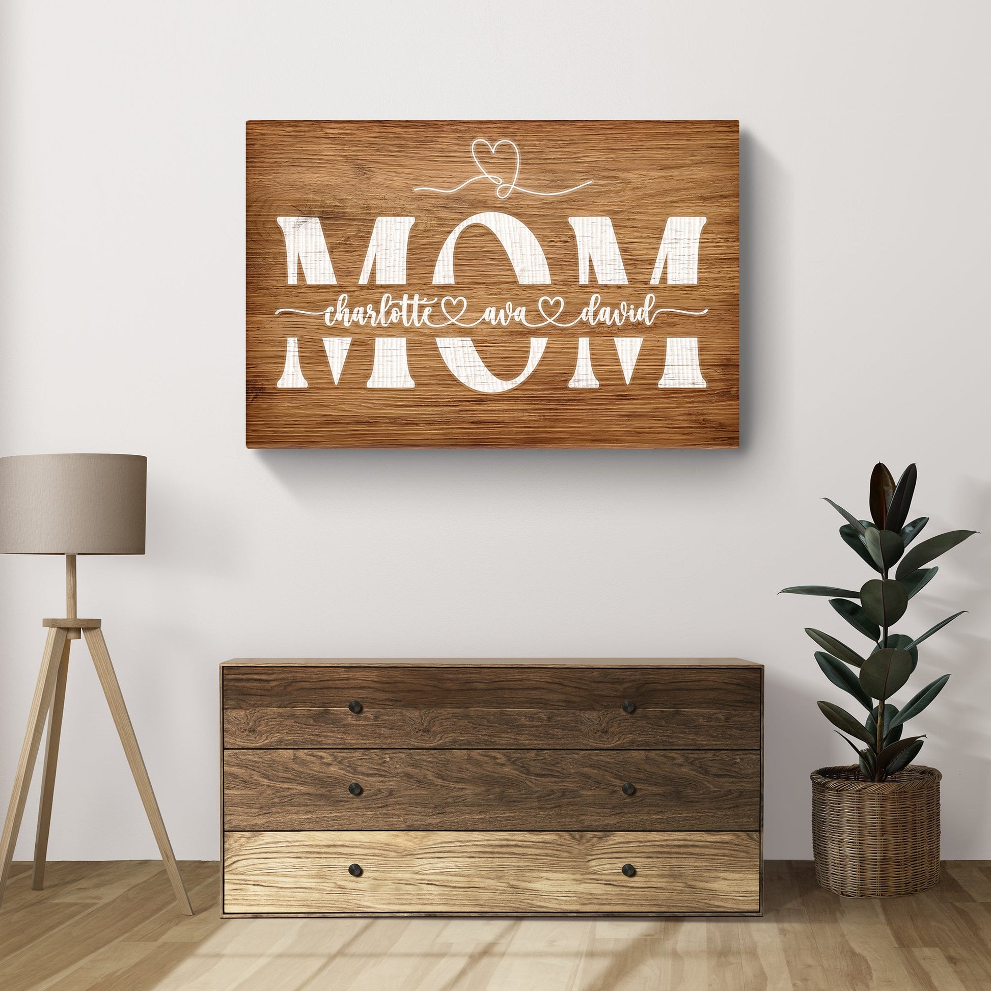 Mother's Day wood sign with large white MOM letters and cursive names Tailored Canvases on Tampa Home & Garden Store